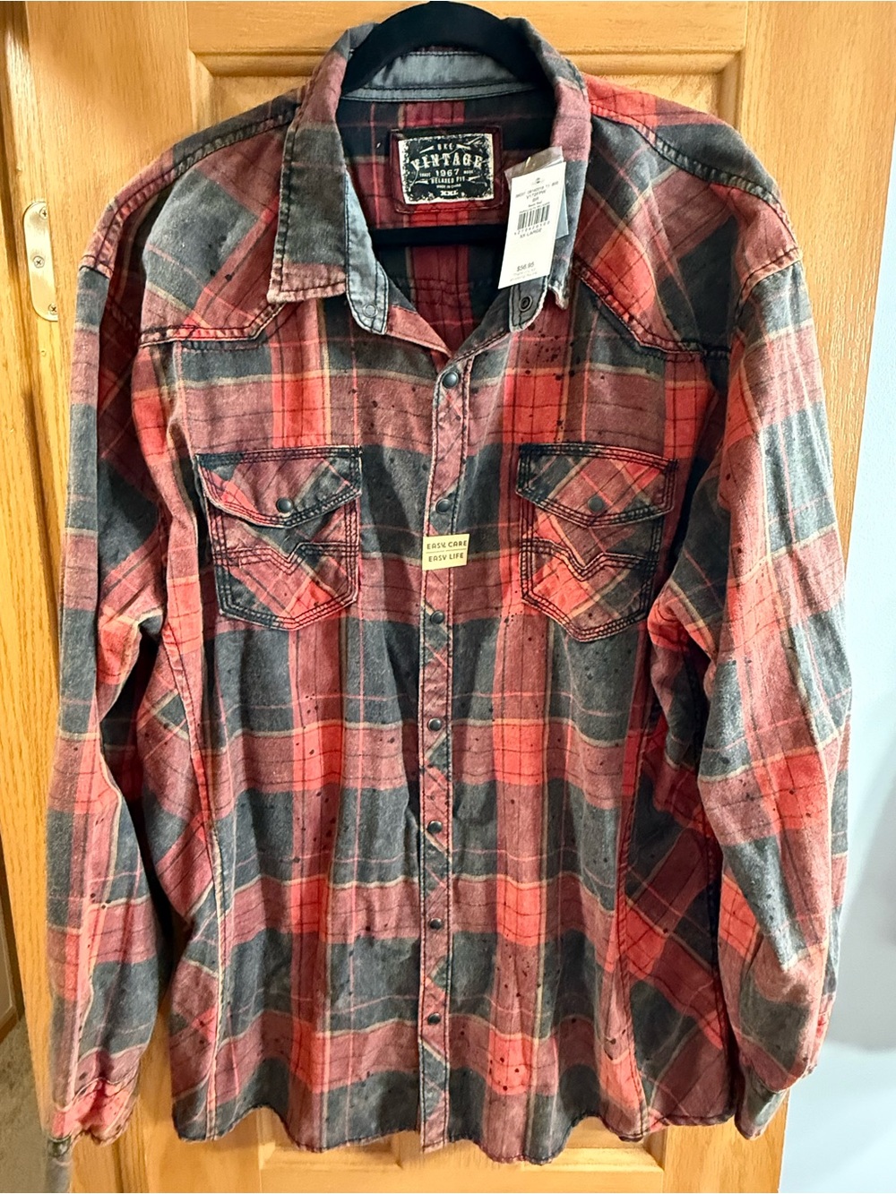 BKE Vintage Red & Gray Plaid Pearl Snap Button-Down Shirt